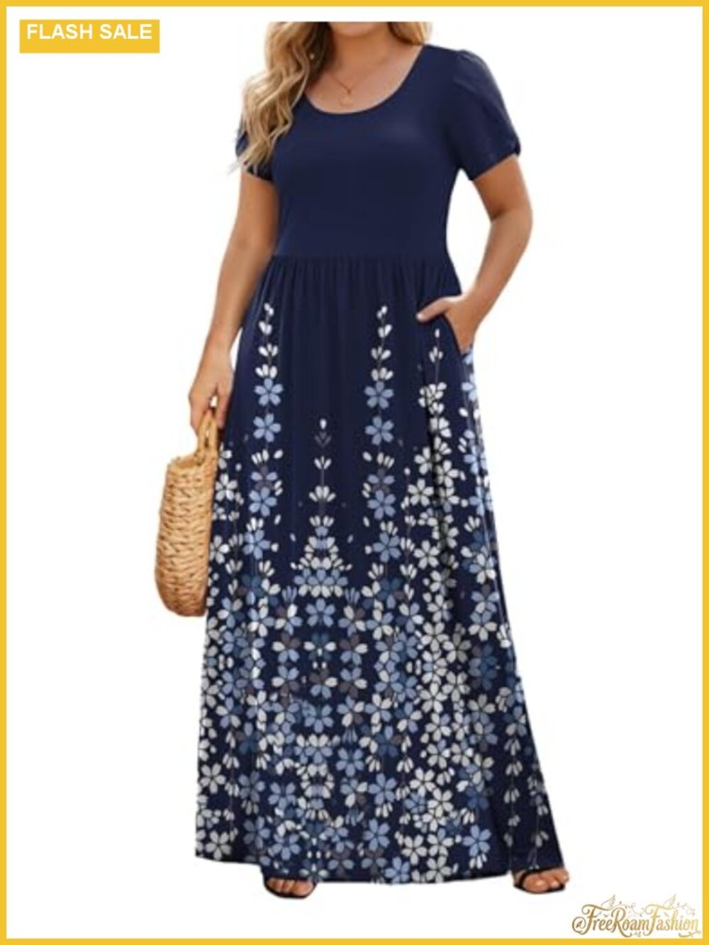 Women's Plus Size Maxi Dress Short Sleeve Casual Long Dress with Pockets